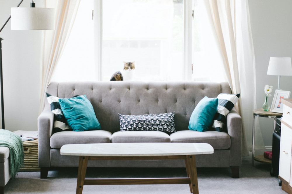 grey sofa with teal cushions