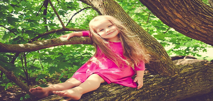 young girl in pink dress in tree